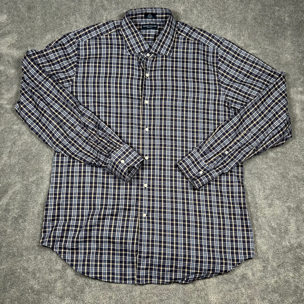 Peter Millar Collection Mens Large Navy Blue Tan Plaid Cotton Button Down Shirt